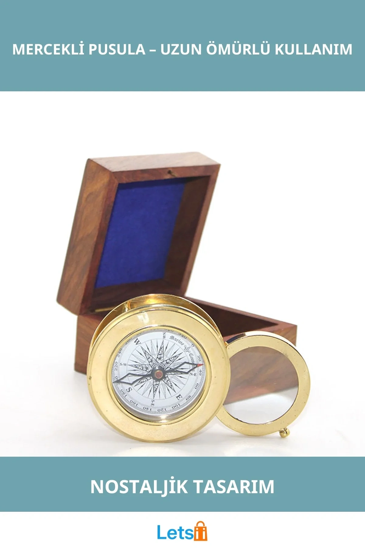 Ahşap Kutulu Pirinç Mercekli Pusula 7x3 cm