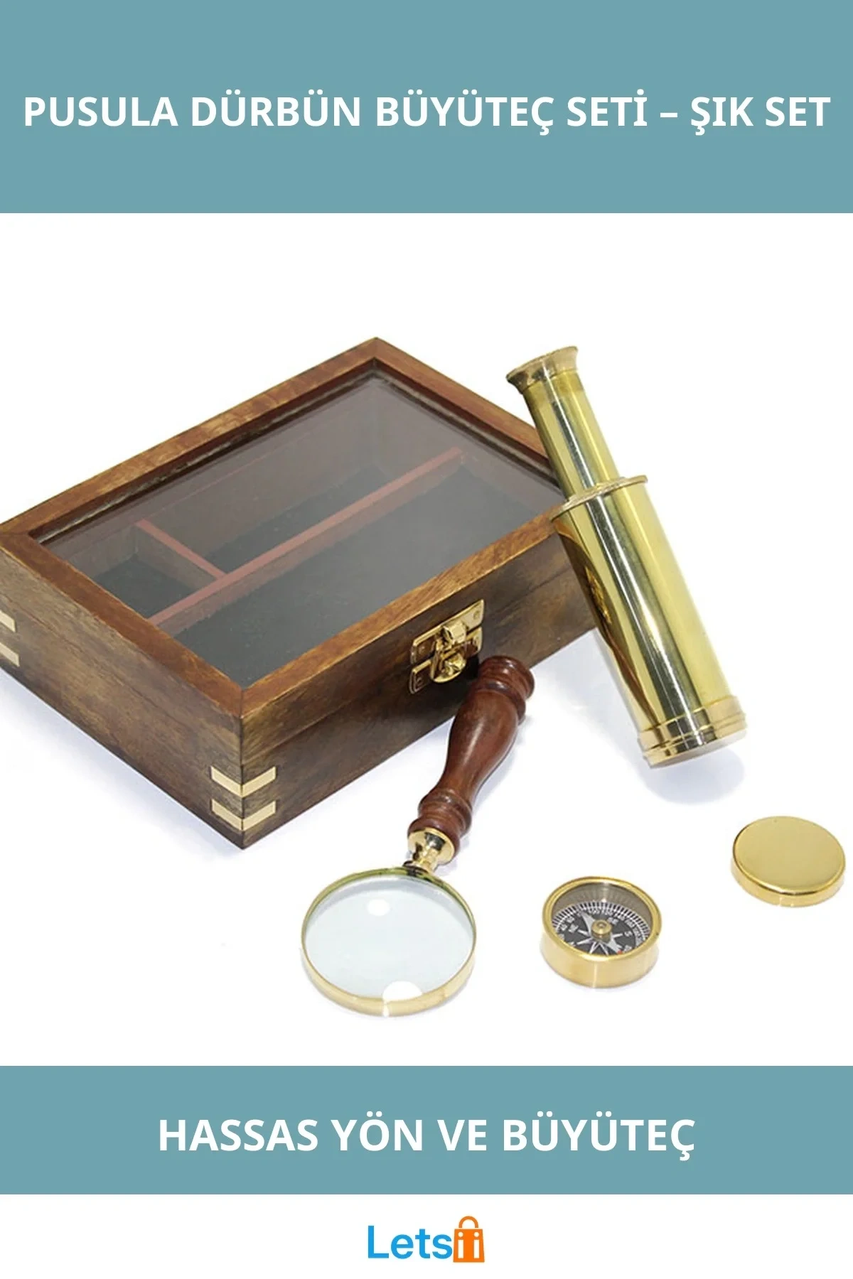 Ahşap Kutulu Pirinç Pusula Dürbün ve Büyüteç
