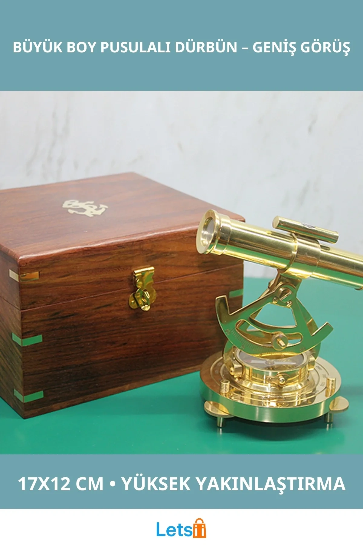 Ahşap Kutulu Pusulalı Büyük Boy Dürbün 17x12 cm