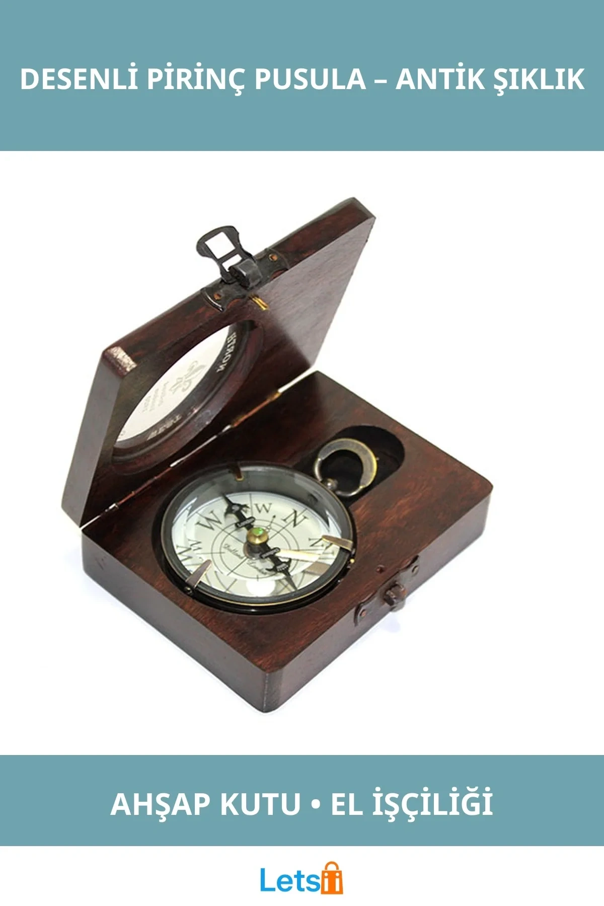 Ahşap Kutulu Şık Desenli Pirinç Pusula