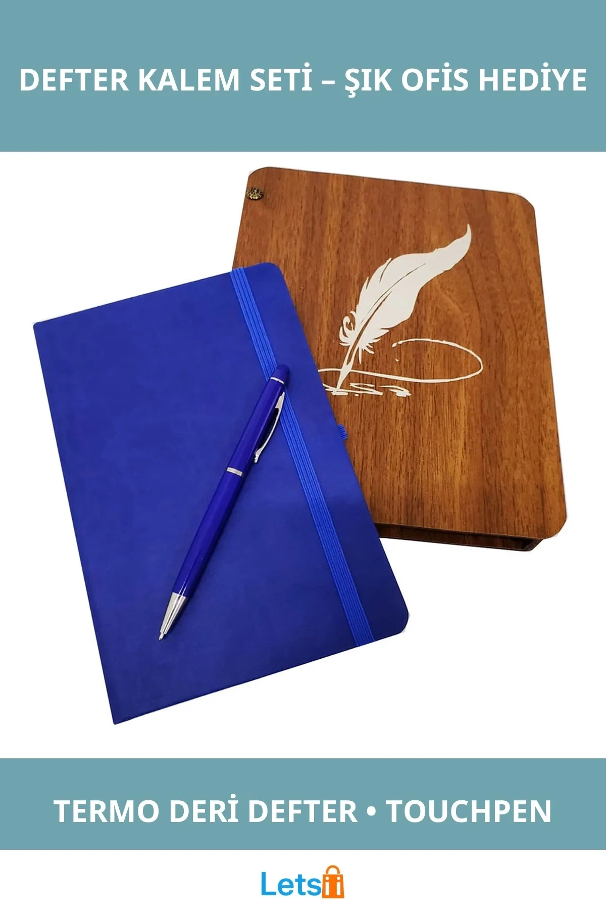 Ahşap Kutulu Termo Deri Defter ve Metal Kalem Seti