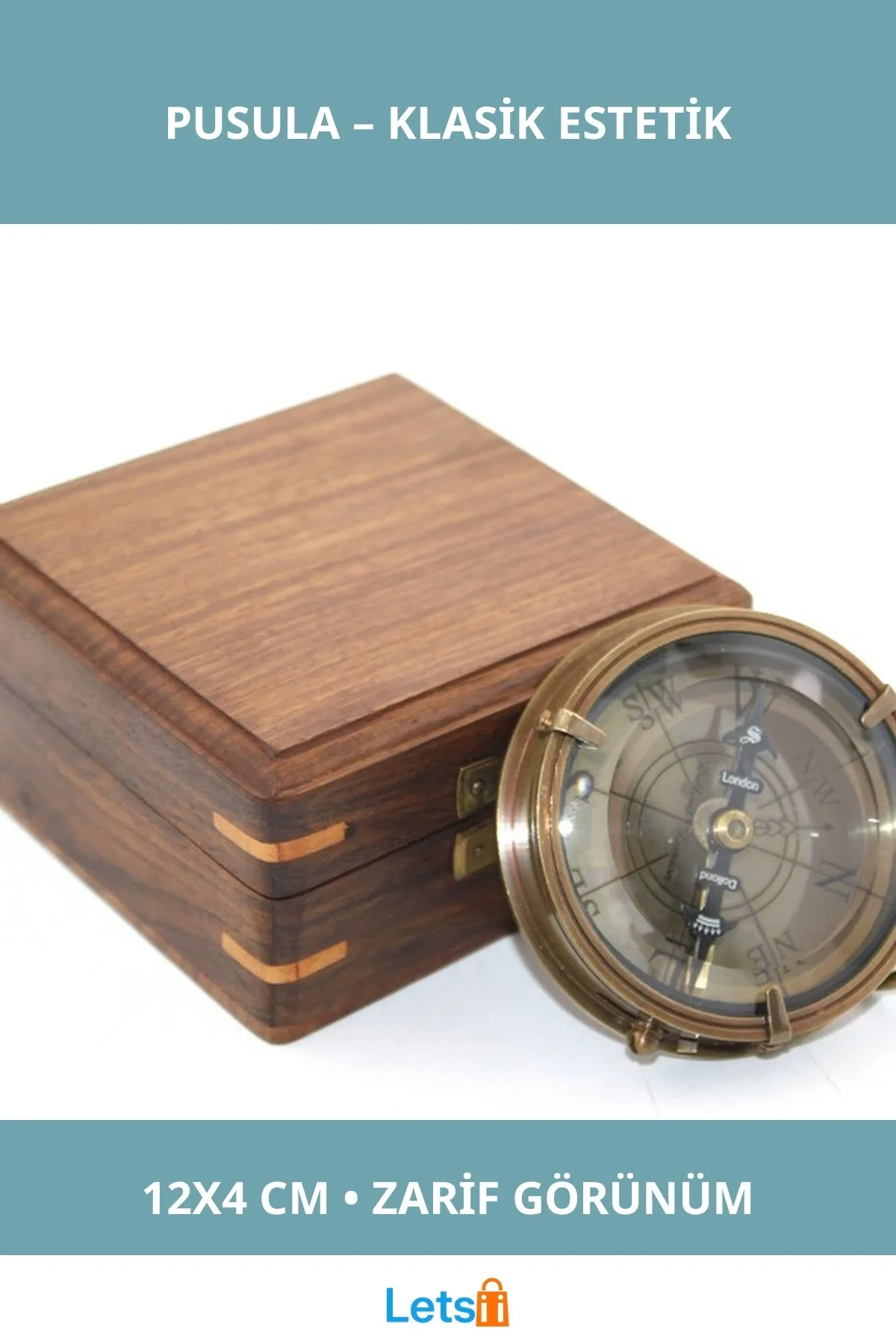 Ahşap Kutulu Zarif Pusula 12x4 cm