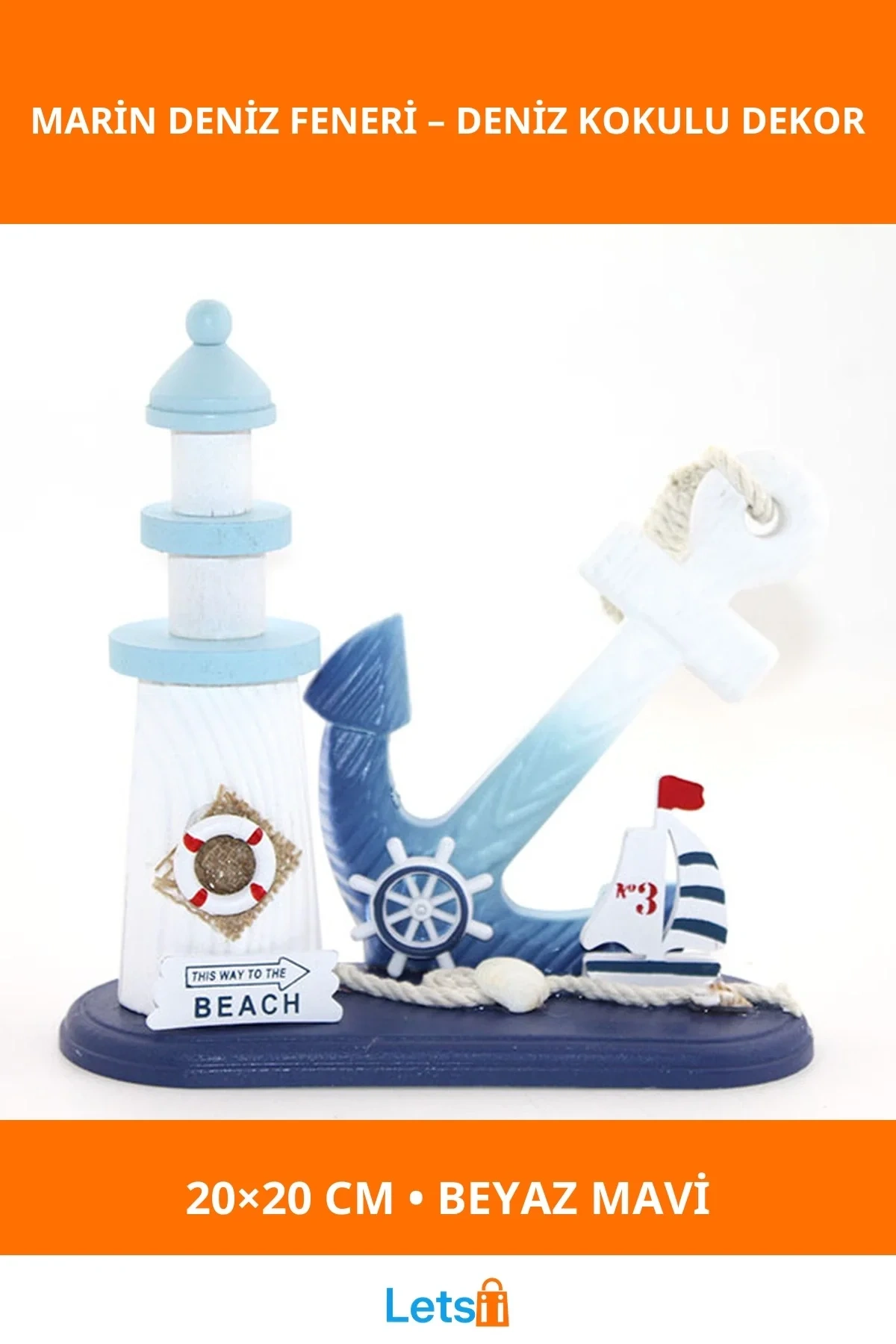 Ahşap Marin Çapalı Deniz Feneri 20x20 cm Dekoratif Obje