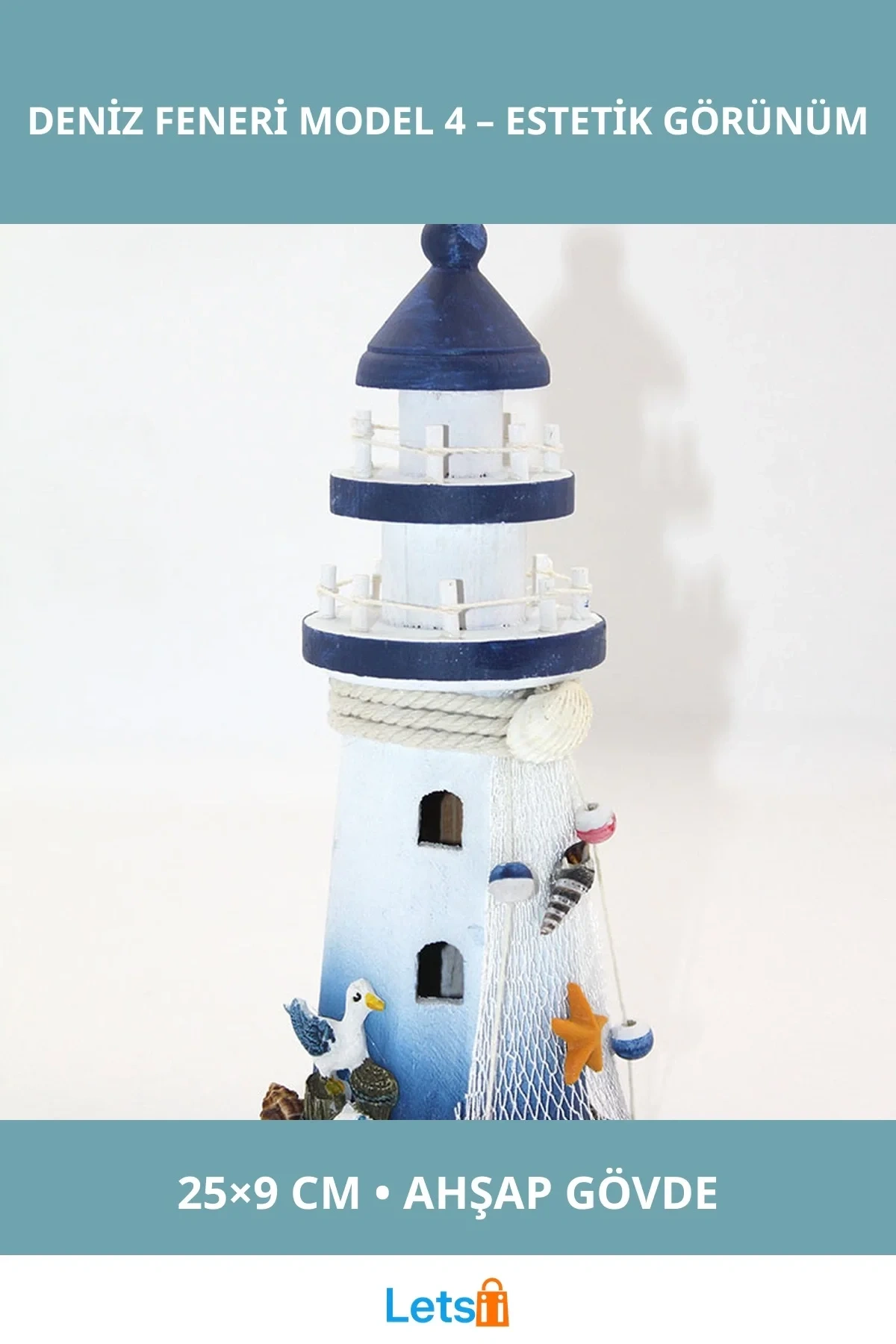 Ahşap Marin Deniz Feneri 25x9 cm El İşçiliği Mavi Beyaz Dekoratif Ürün