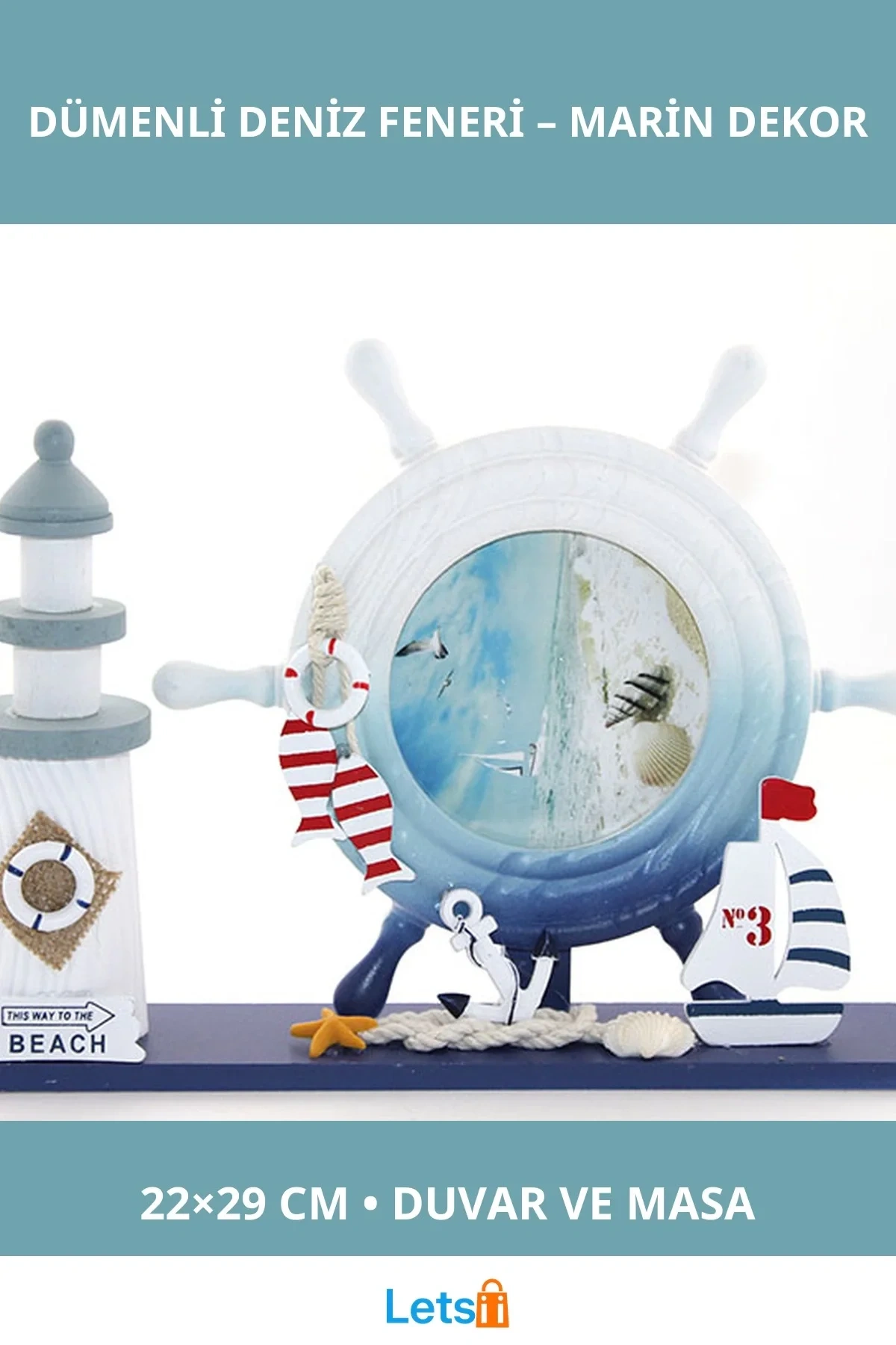 Ahşap Marin Deniz Feneri Dümenli Çerçeve 22x29 cm