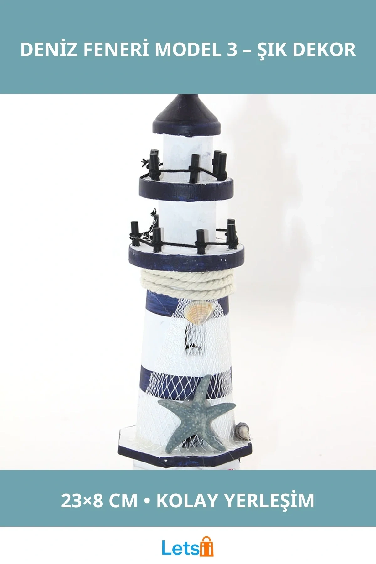 Ahşap Marin Deniz Feneri Mavi Beyaz 23x8 cm Dekoratif Ürün