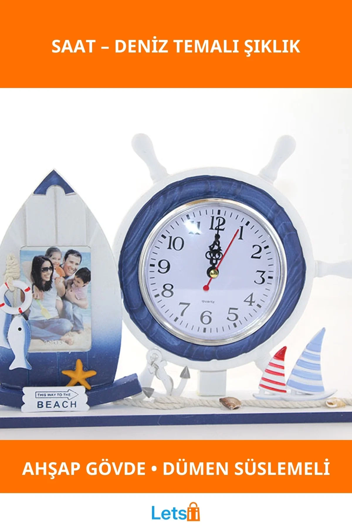 Ahşap Marin Dümenli Dekoratif Fotoğraf Çerçeveli Saat