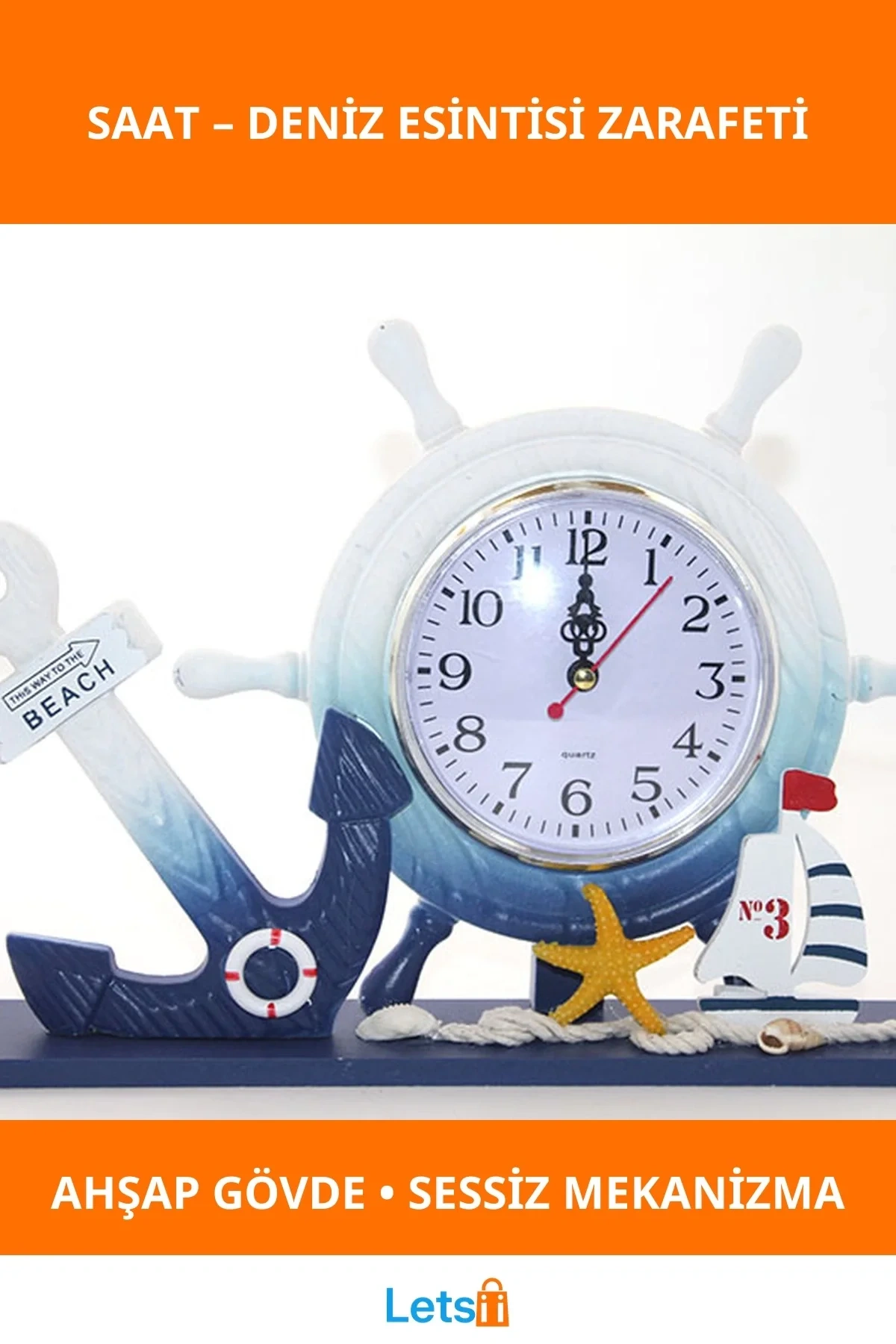 Ahşap Marin Dümenli Dekoratif Masa Saati