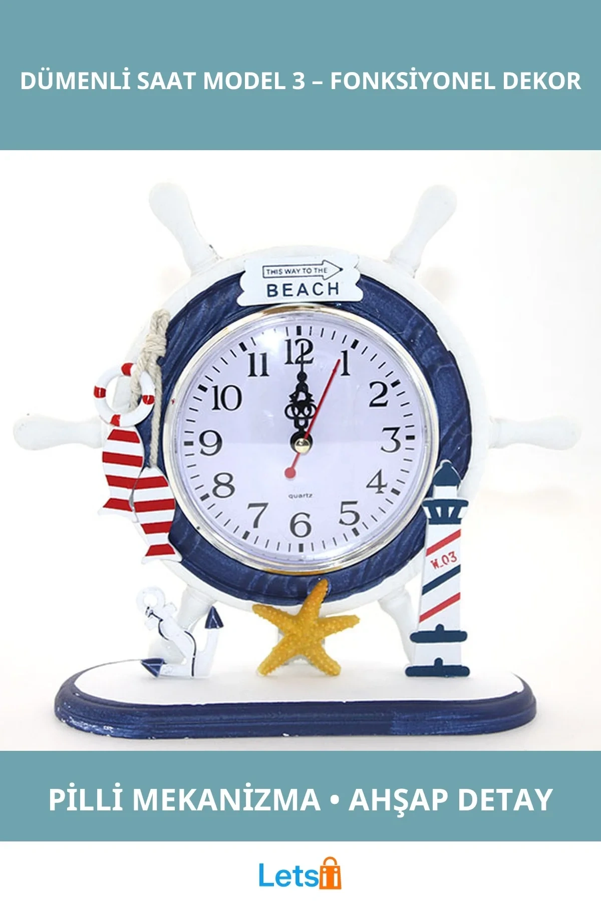 Ahşap Marin Dümenli Saat 22x20 cm Dekoratif Saat