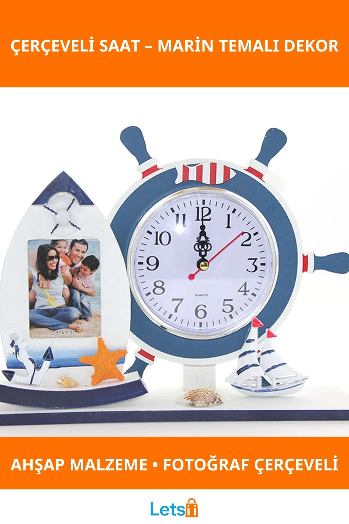 Ahşap Marin Dümenli Şık Çerçeveli Saat