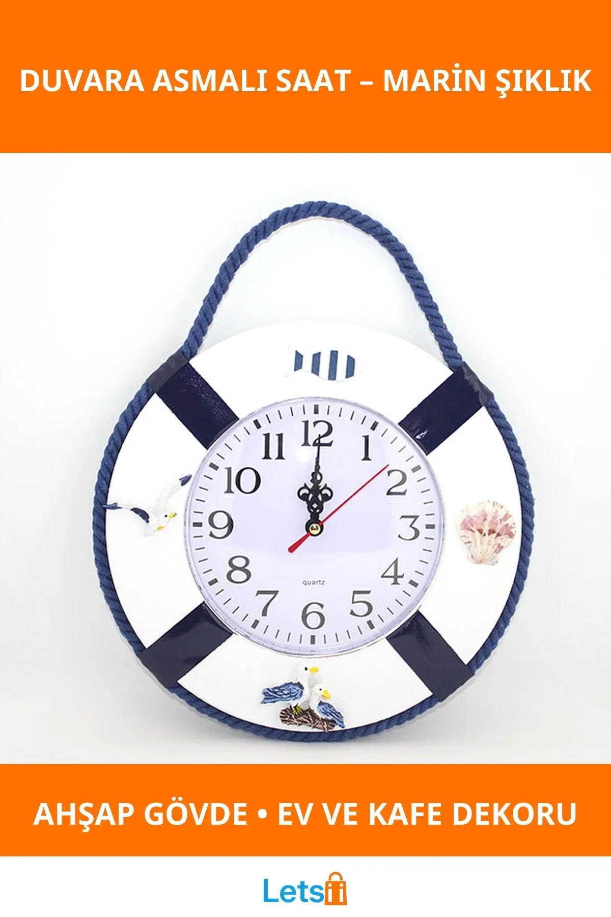 Ahşap Marin Duvara Asmalı Saat Deniz Temalı Dekorasyon