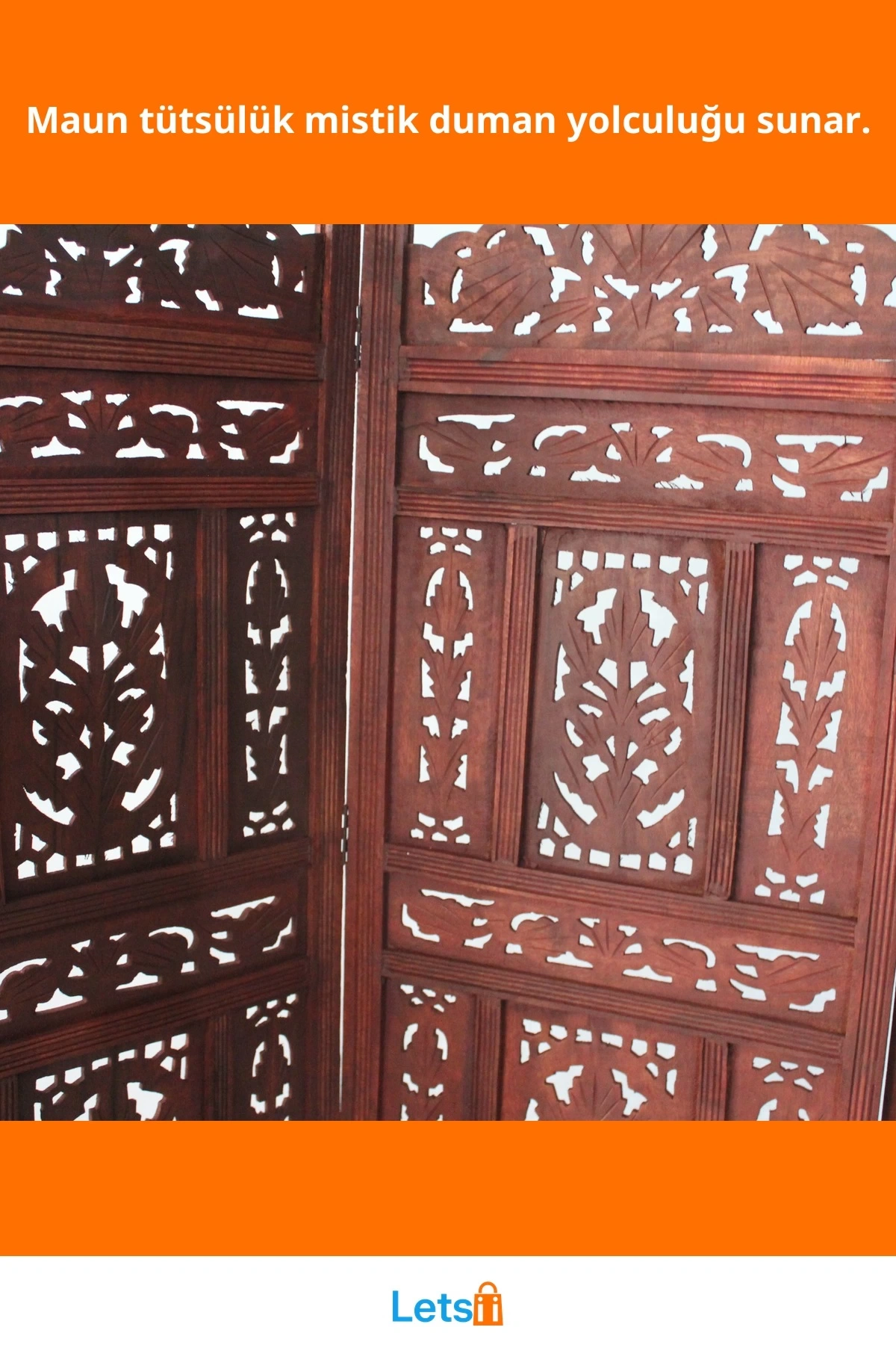 Ahşap Maun Rengi El Oyması Paravan 180x200 cm