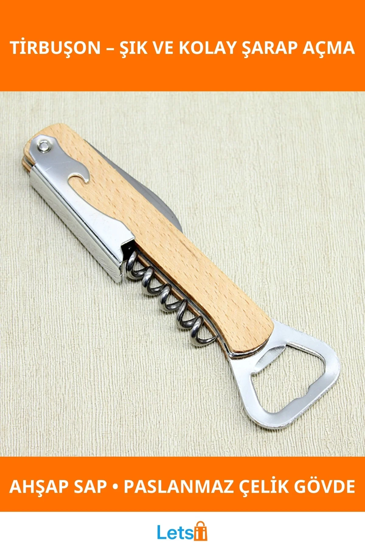 Ahşap Paslanmaz Çelik Ergonomik Tirbuşon Açacak