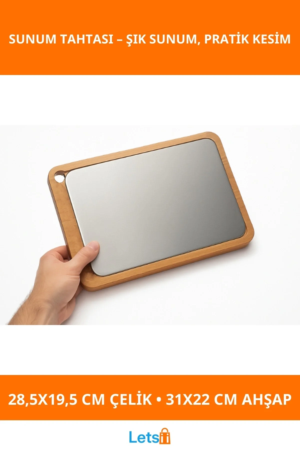 Ahşap Paslanmaz Çelik Kesim ve Sunum Tahtası 31x22 cm