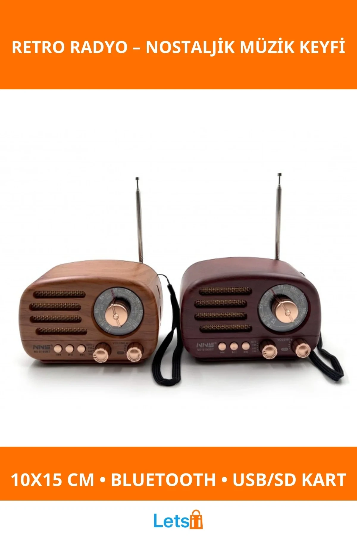 Ahşap Retro Radyo Bluetooth USB SD Kart Girişli Güneş Enerjili