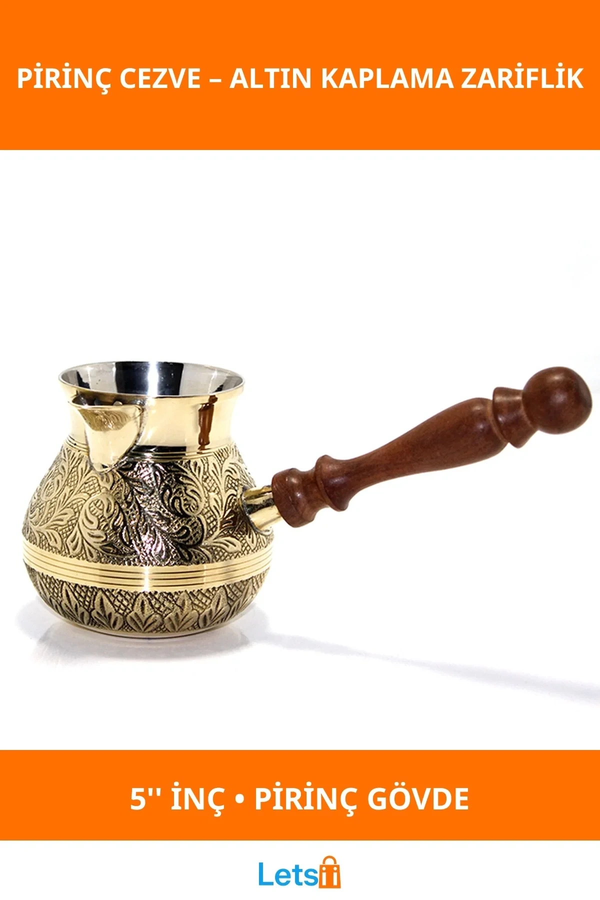 Ahşap Saplı Altın Kaplama Pirinç Cezve 5 İnç Geleneksel Türk Kahvesi Pişirme