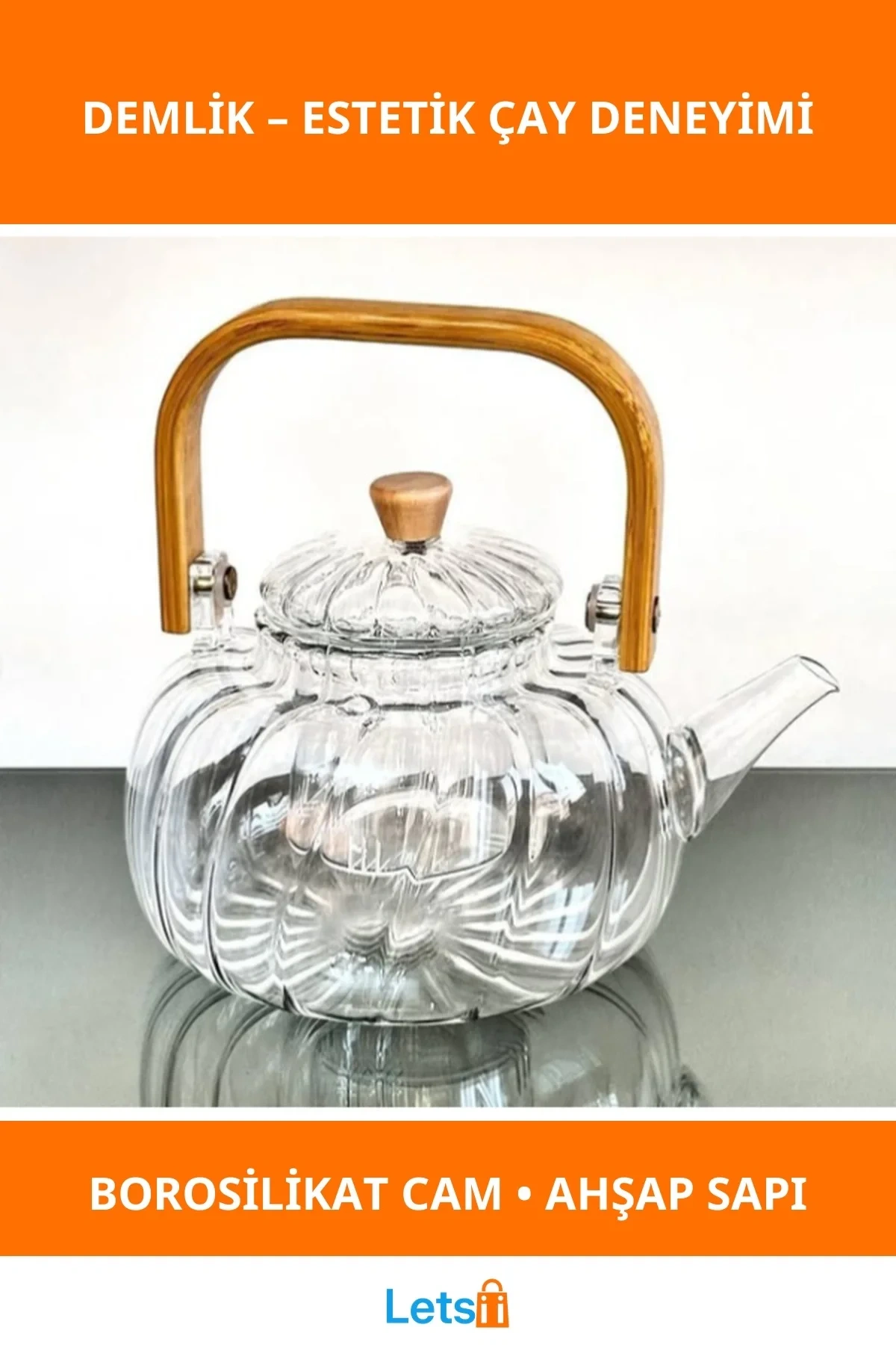 Ahşap Saplı Isıya Dayanıklı Borosilikat Cam Çizgili Demlik