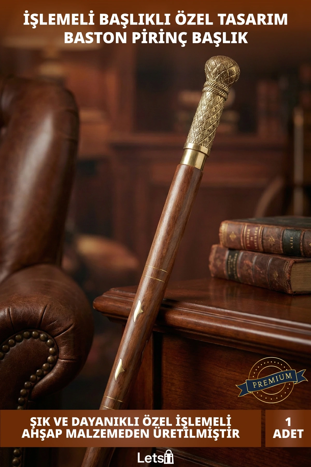 Ahşap Saplı Pirinç Başlıklı Şık Tasarım Klasik Baston