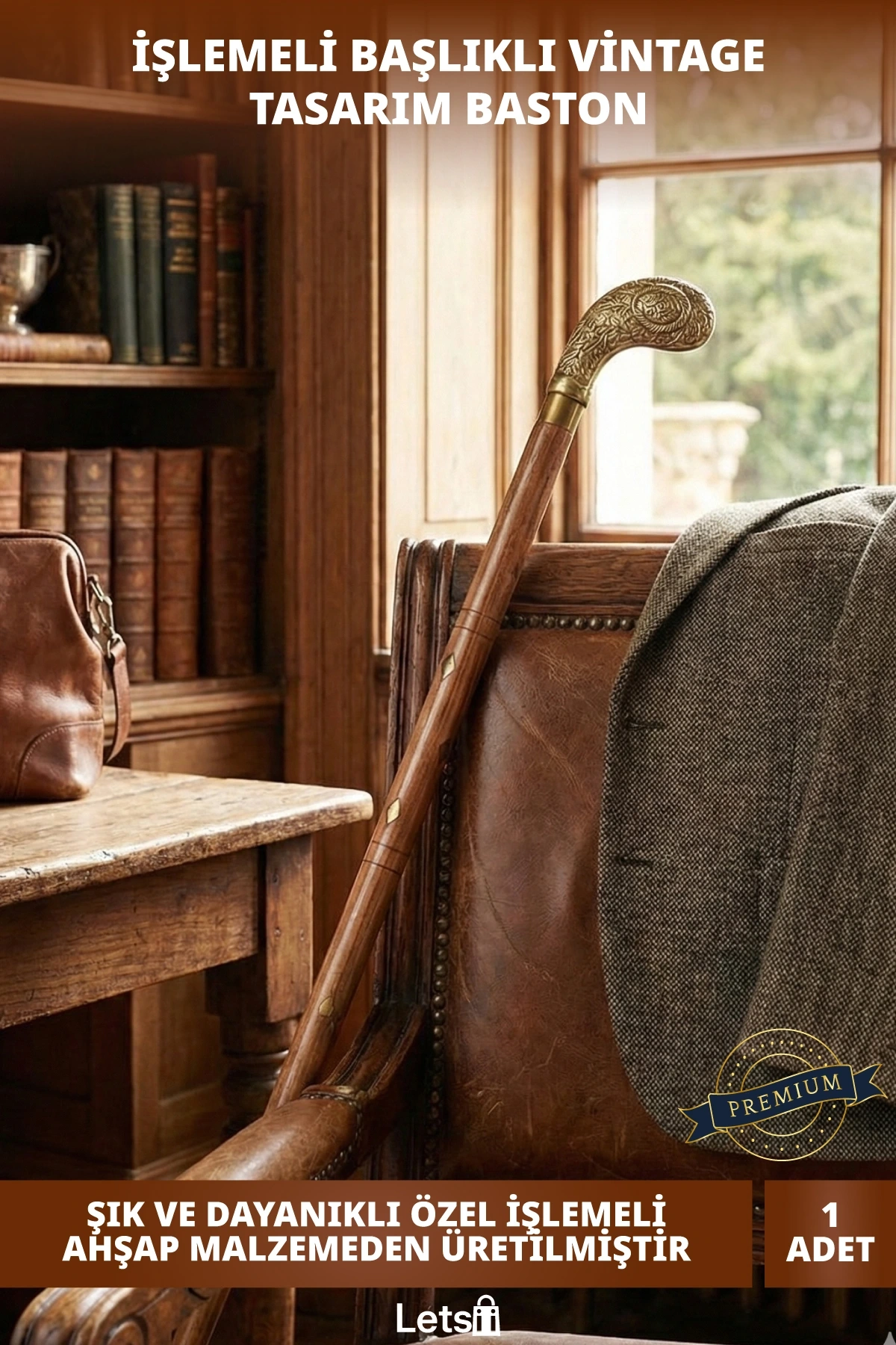 Ahşap Saplı Pirinç Baston Şık ve Dayanıklı Dekoratif İşlemeli Baston