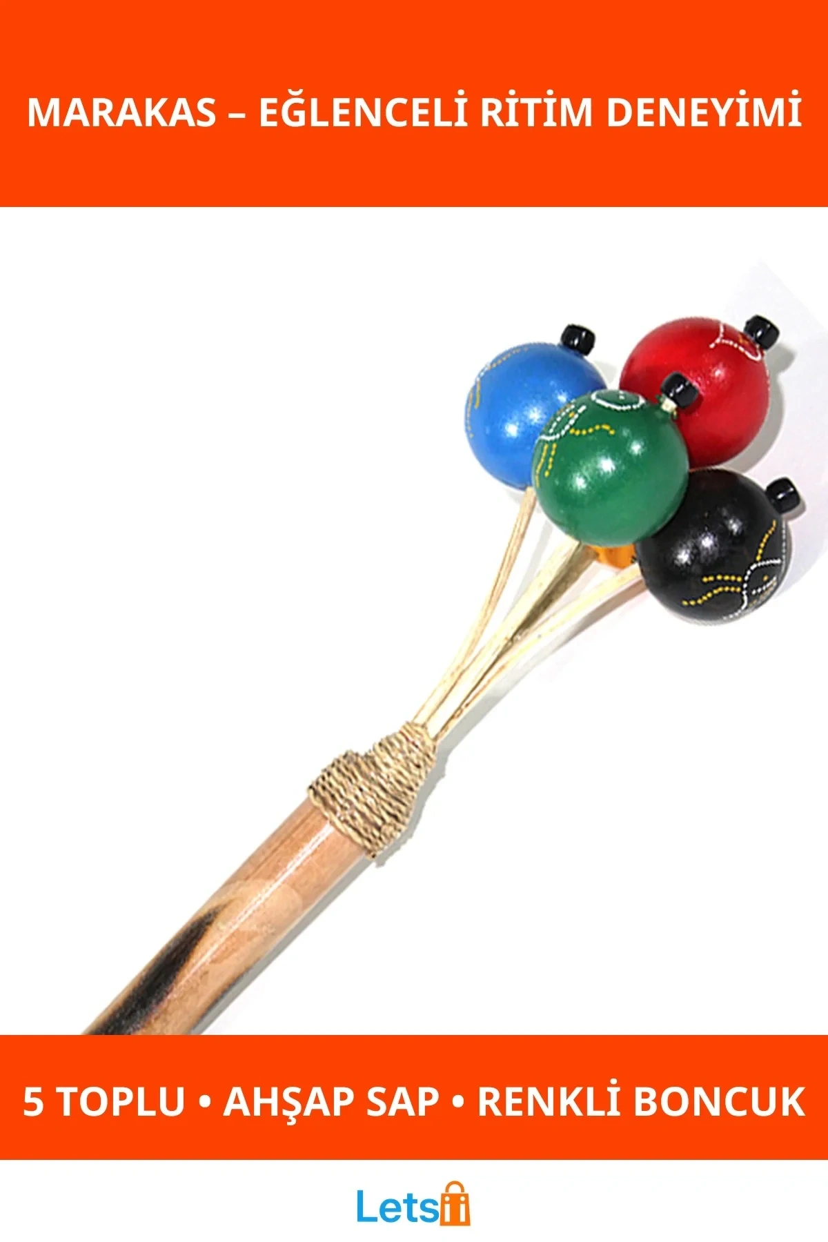 Ahşap Saplı Renkli Boncuklu 5 Toplu Marakas Müzik Enstrümanı
