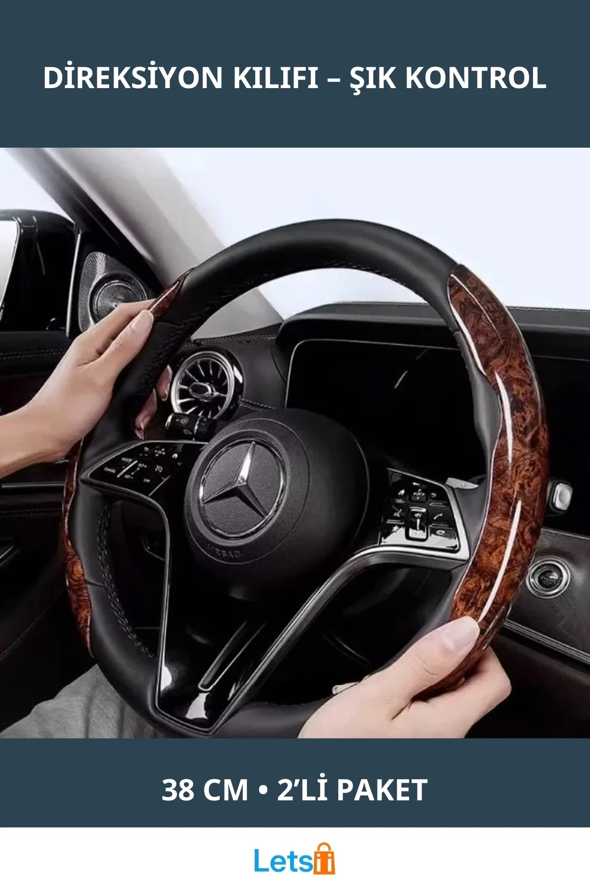 Ahşap Tasarımlı Direksiyon Simidi Koruma Kılıfı 2 Li