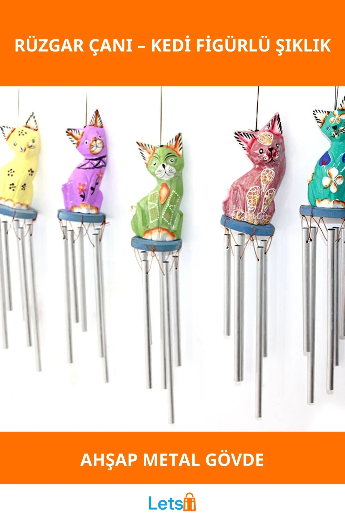 Ahşap Üstü Metal Kedi Figürlü Şık Rüzgar Çanı