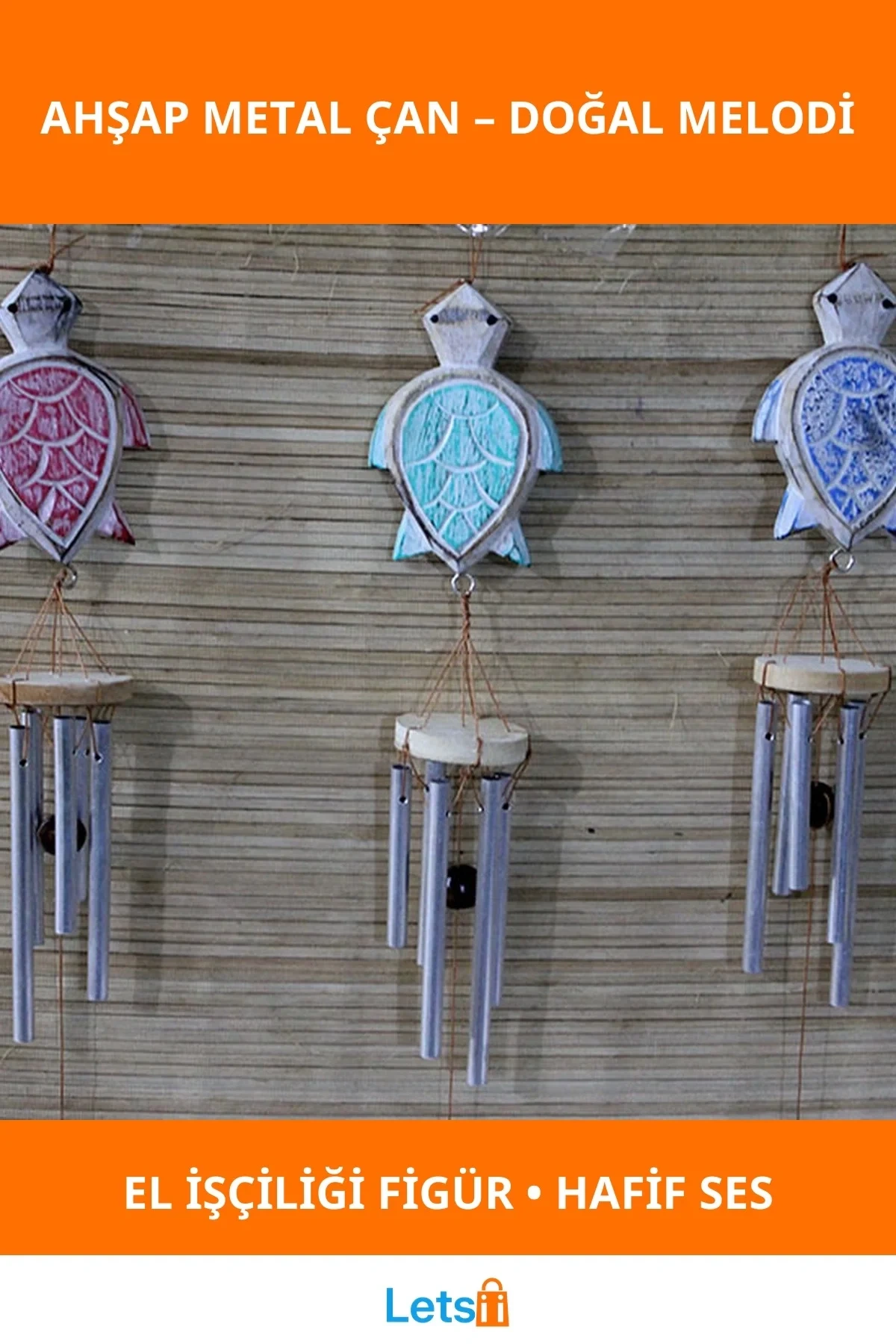 Ahşap ve Metal Rüzgar Çanı Kaplumbağa Figürlü Dekoratif Aksesuar