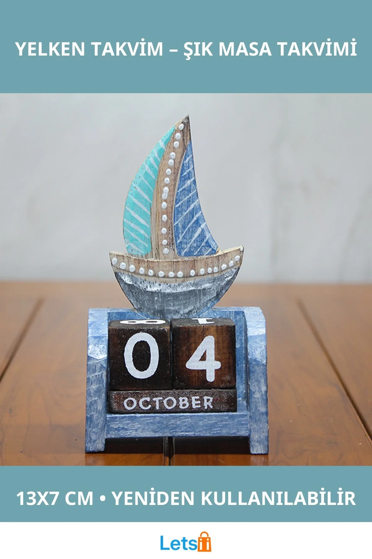 Ahşap Yelken Takvim 13x7 cm El İşçiliği Dekoratif Masa Aksesuarı