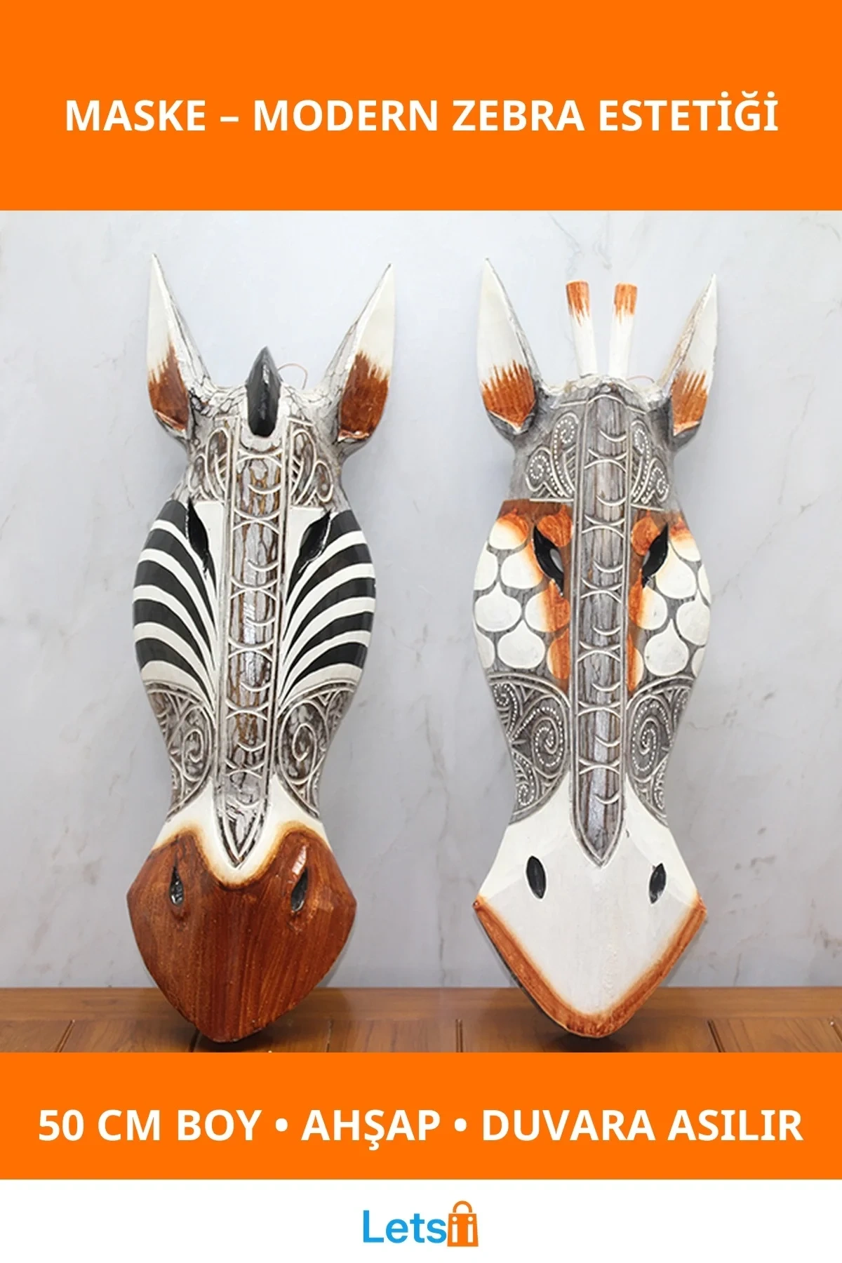Ahşap Zebra Figürlü Duvara Asmalı Dekoratif Maske 50 cm