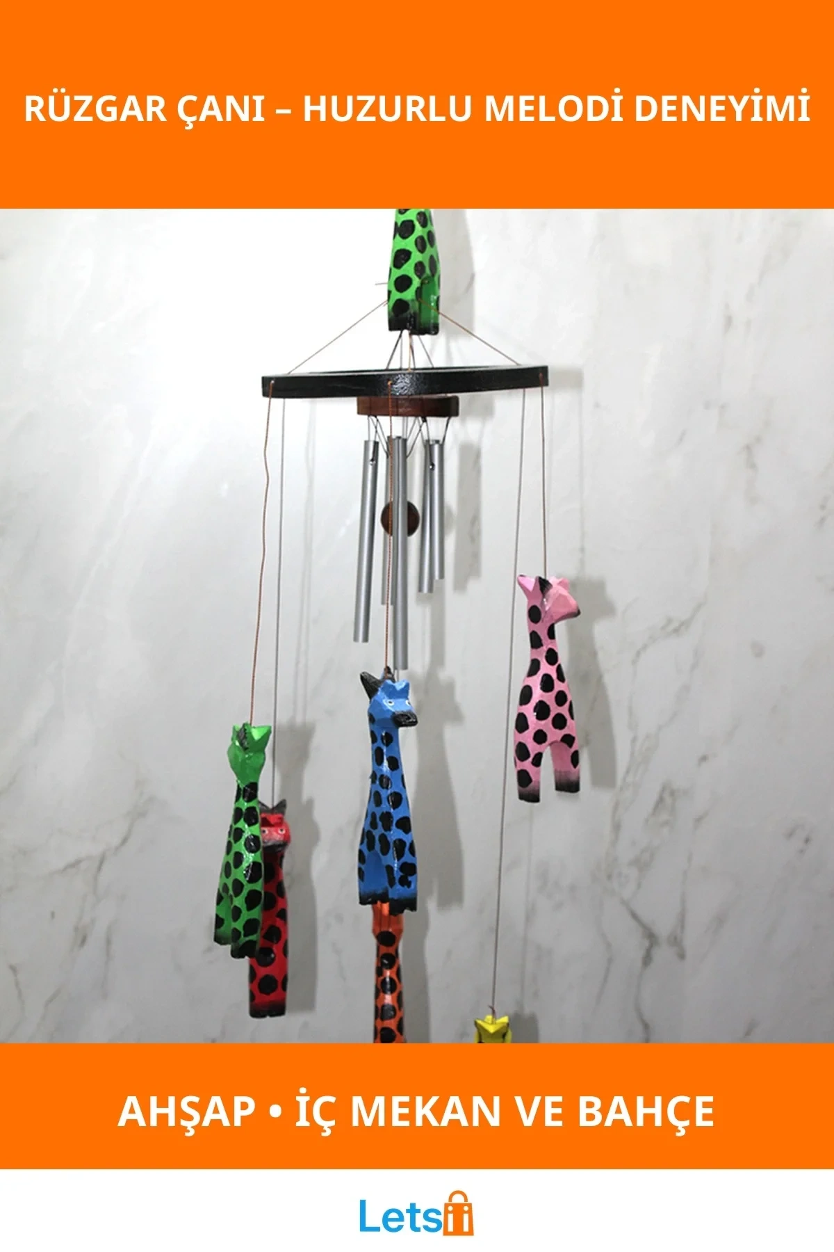 Ahşap Zürafalı El Yapımı Rüzgar Çanı Dekoratif Aksesuar