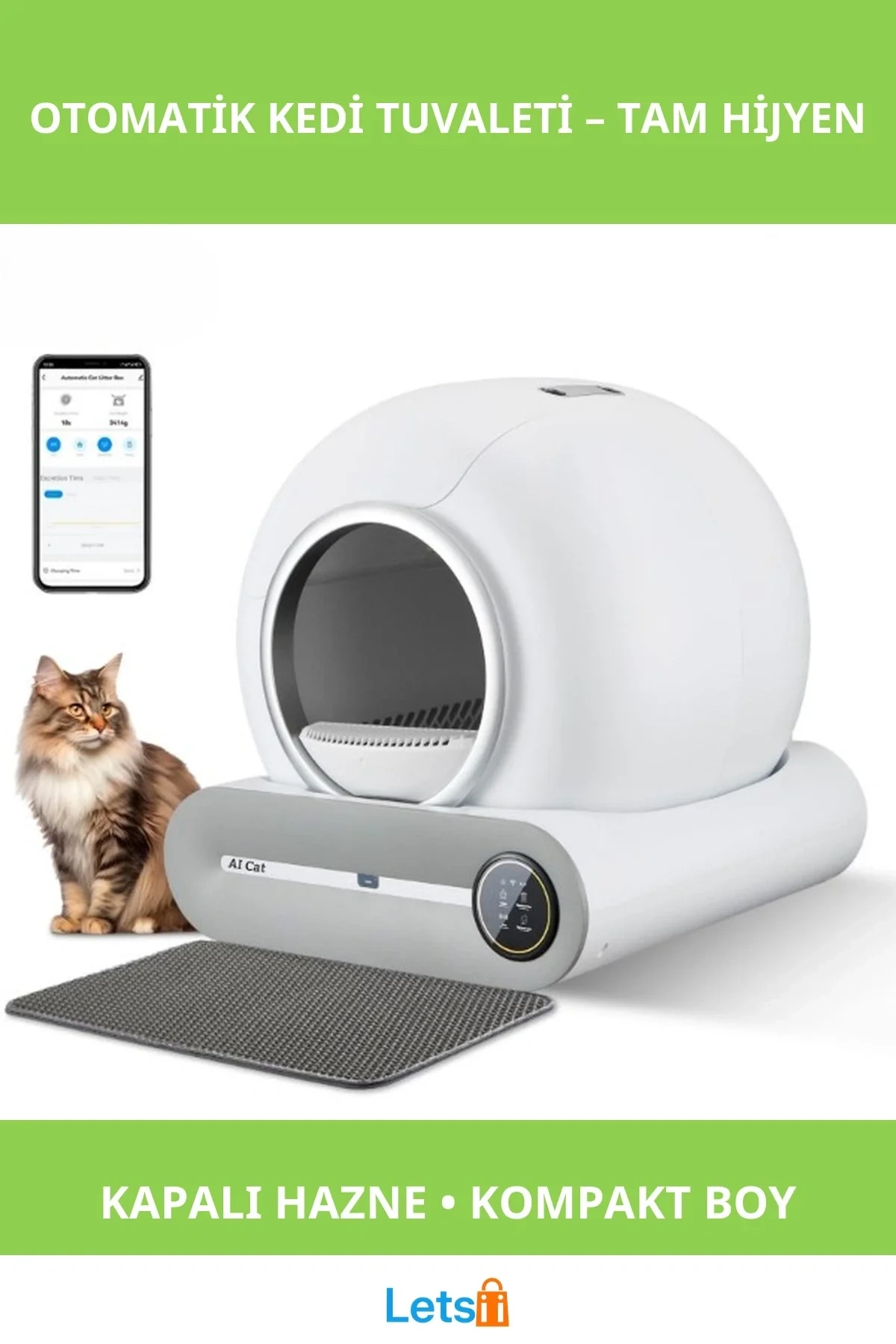 Akıllı Otomatik Kedi Tuvaleti 2.4 GHz Wi Fi Kontrol ile Hijyenik Çözüm