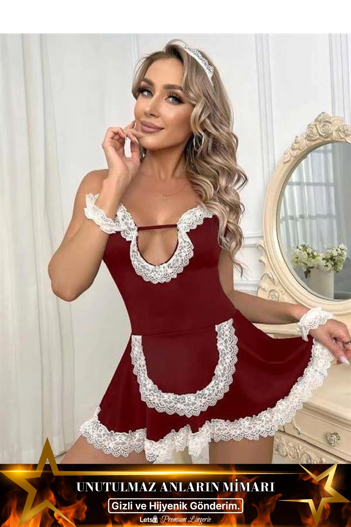 Aksesuarlı Dantelli Fantezi Hizmetçi Kostümü Bordo Renk