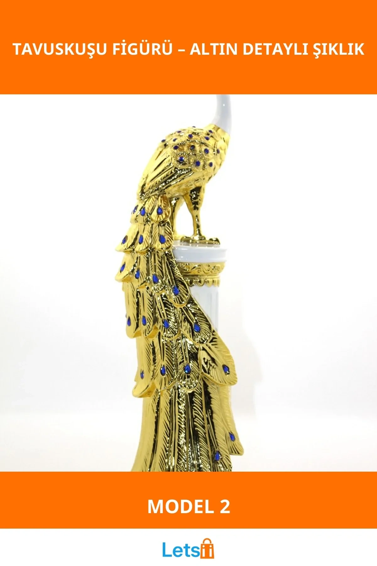 Altın Detaylı Polyester Tavuskuşu Figürü Uzun Kuyruğu İle Dekoratif Parça