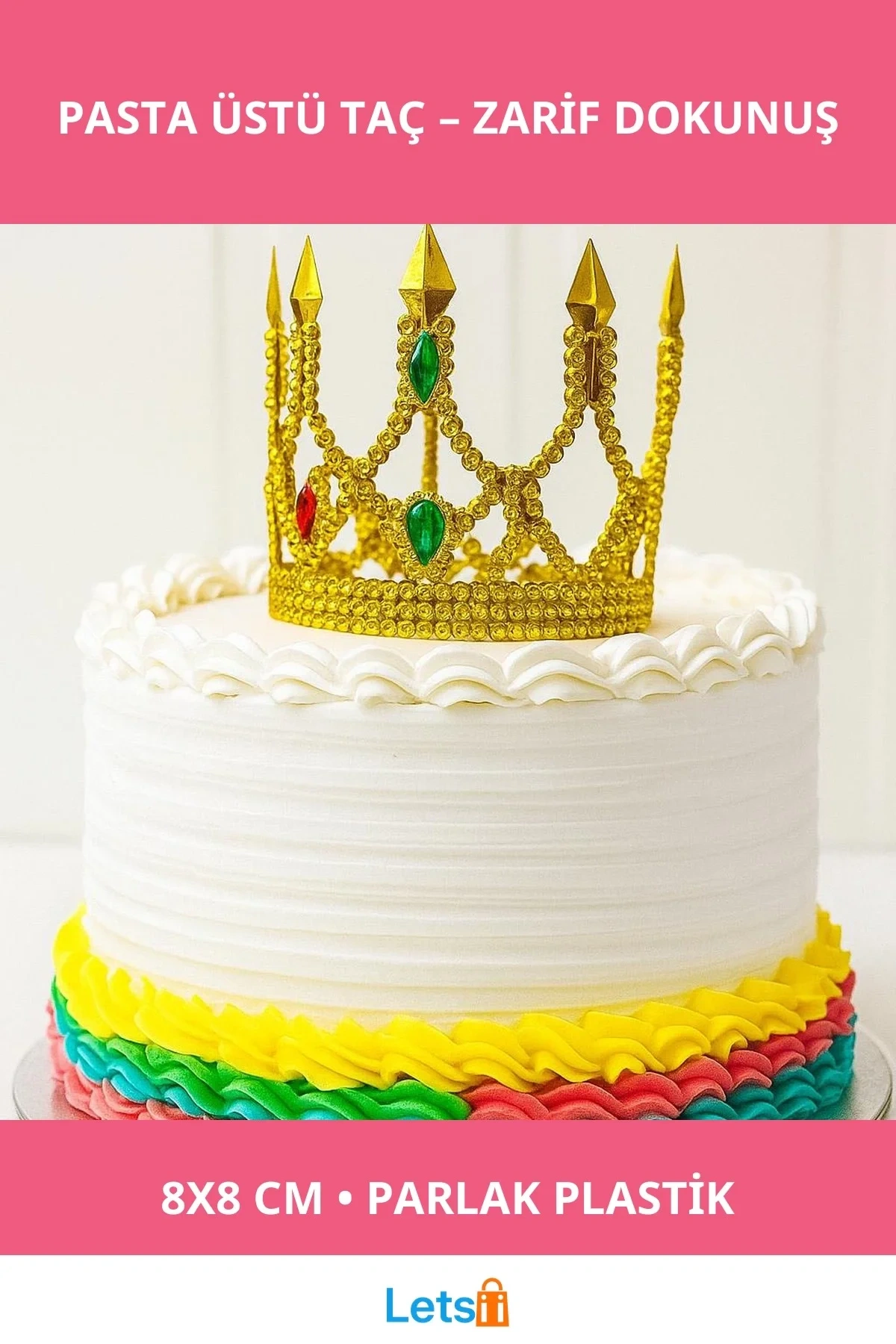 Altın Işıltılı İnce Pasta Üstü Taç Plastik 8x8 cm