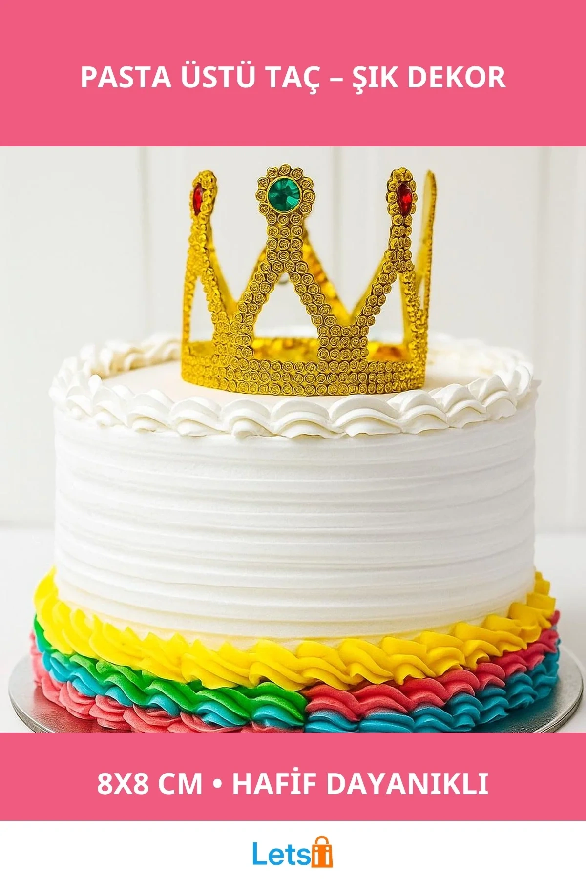 Altın Işıltılı Plastik Pasta Üstü Taç 8x8 cm