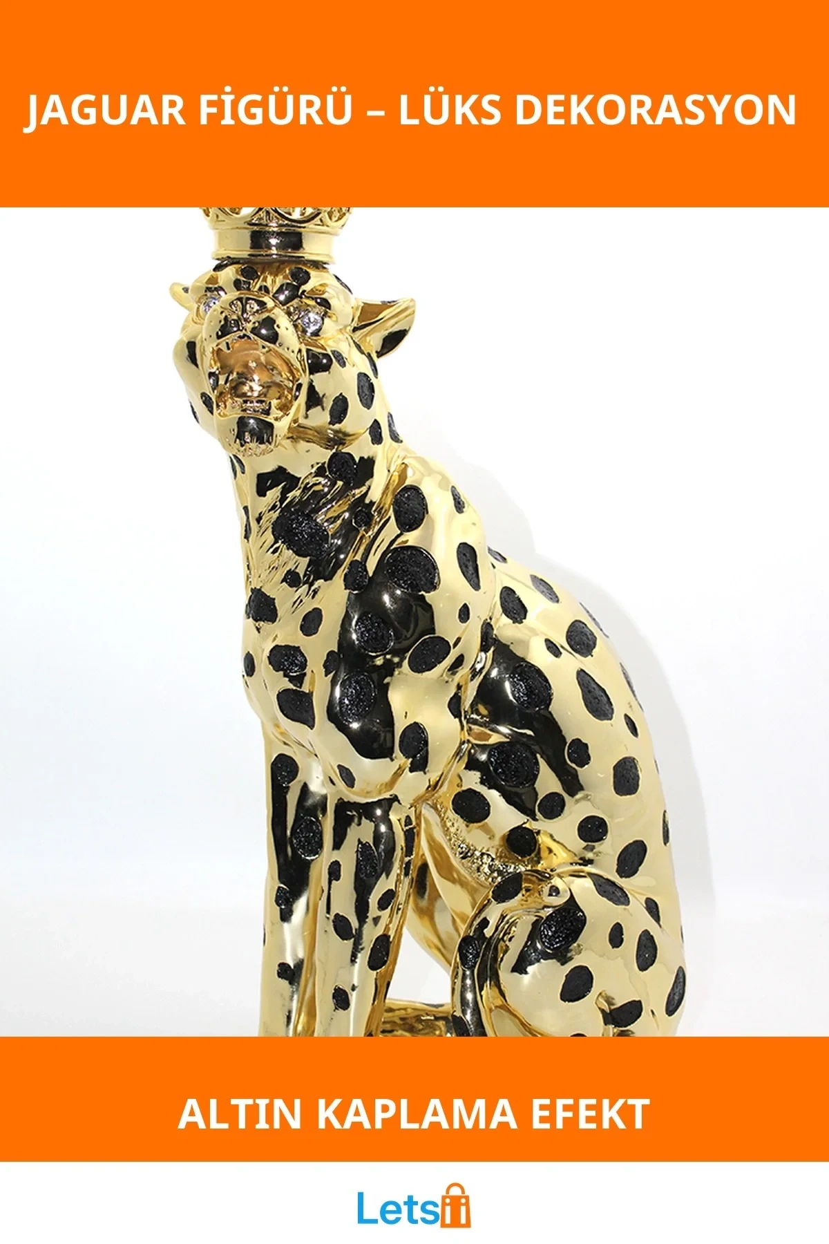 Altın Kaplama Polyester Taçlı Jaguar Figürü Lüks Dekorasyon