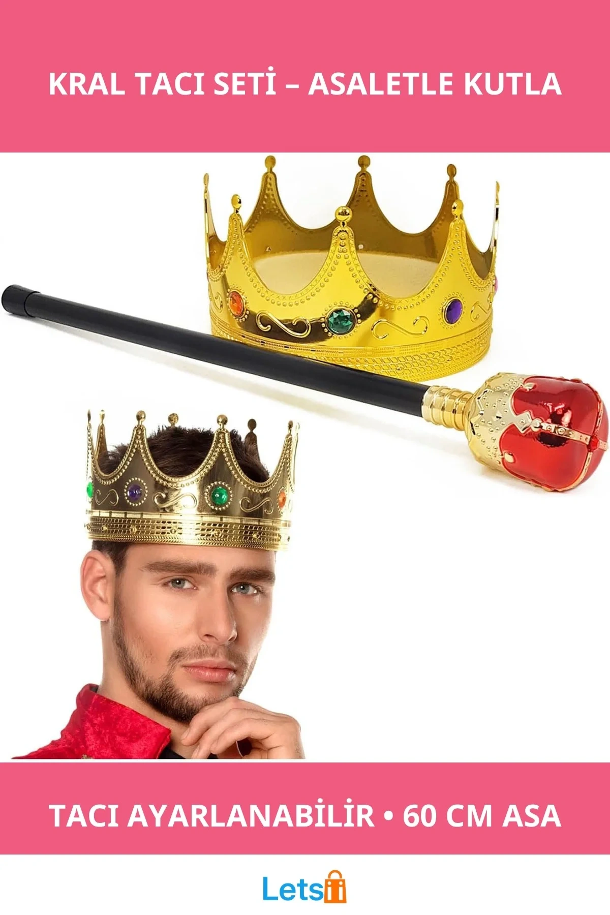 Altın Kral Tacı Kırmızı Topuzlu Asa Kostüm Seti