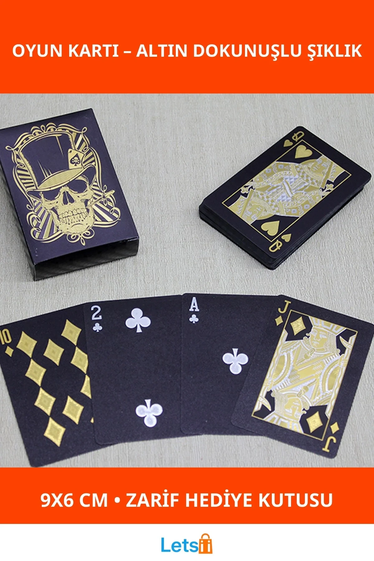 Altın Kuru Kafa Tasarımlı Siyah İskambil Oyun Kartı 9x6 cm