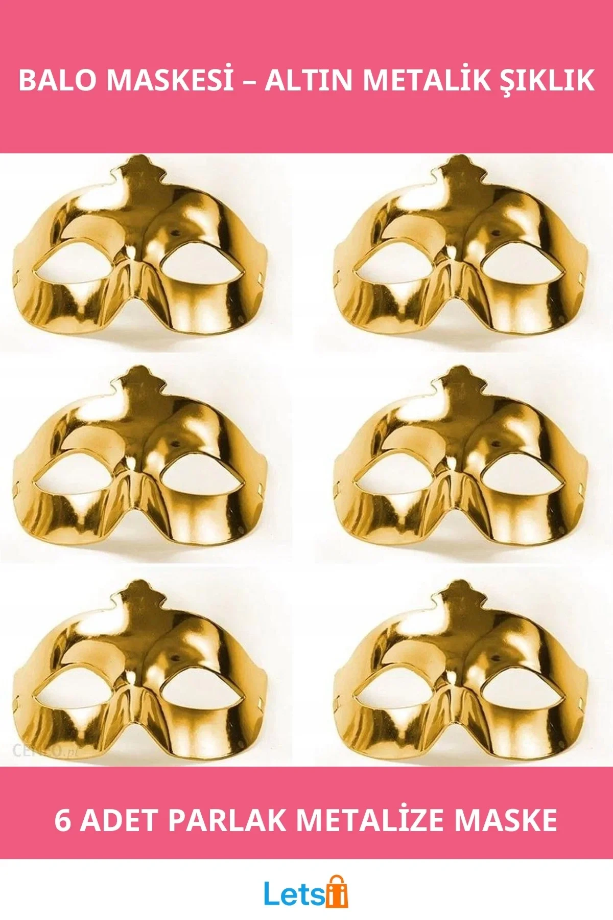 Altın Metalize Renk Düz Parti Balo Maskesi 6 Adet