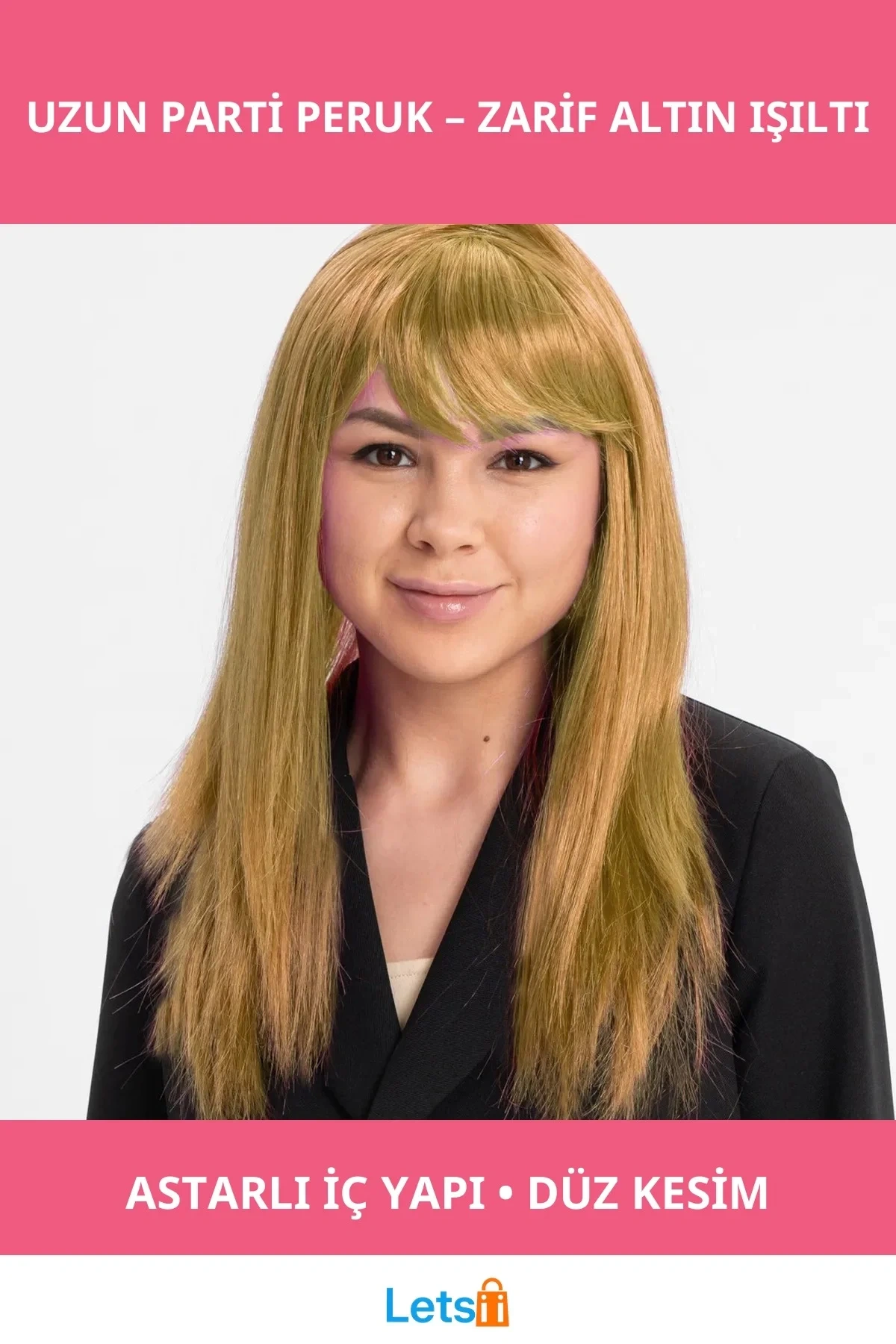 Altın Renk Düz Kesim İç Astar Uzun Parti Peruğu