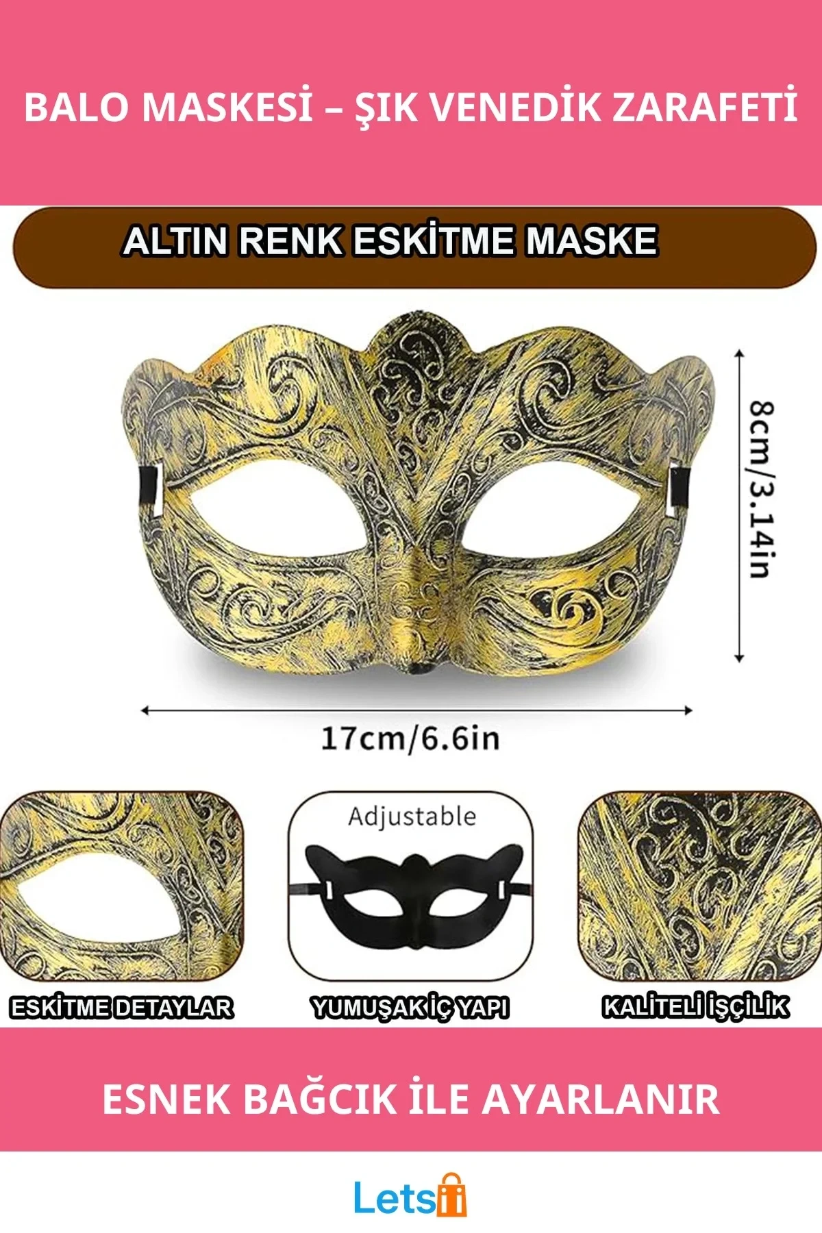 Altın Renk Eskitme Venedik Tarzı Parti Maskesi