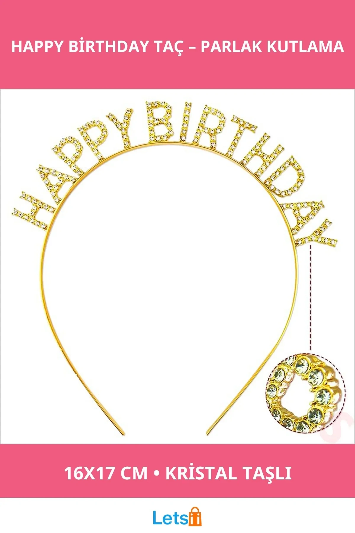 Altın Renk Kristal Taşlı Parlak Happy Birthday Taç