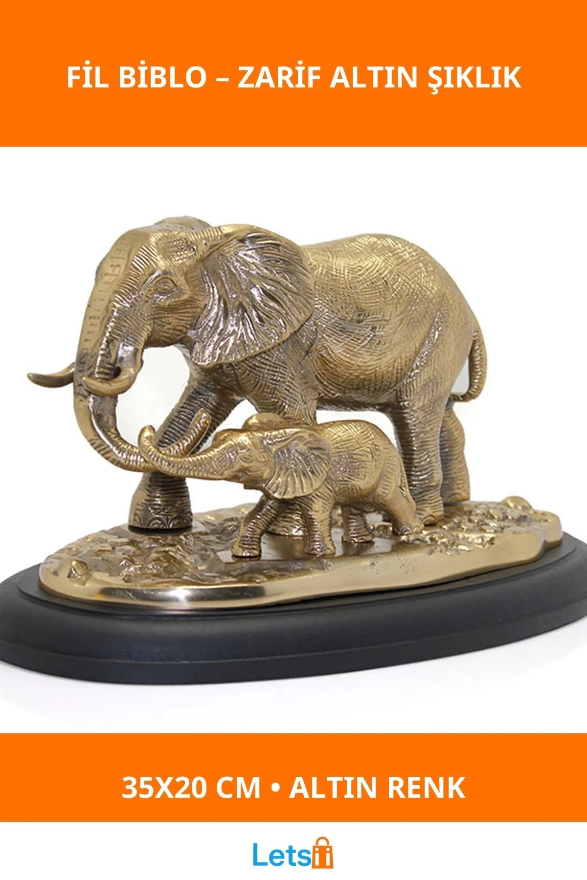 Altın Renk Pirinç Anne Yavru Fil Biblosu 35x20 cm
