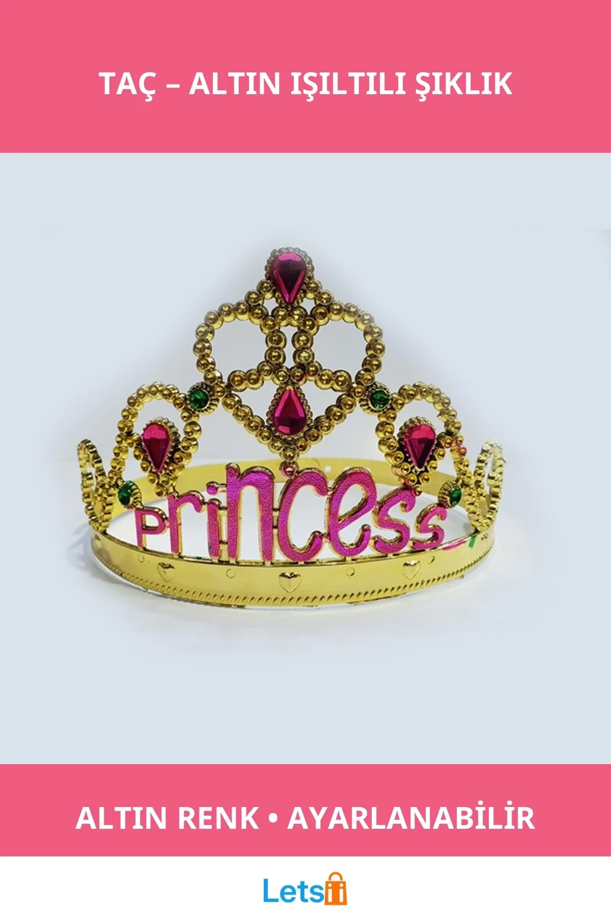 Altın Renk Prenses Yazılı Taç Yetişkin ve Çocuk Uyumludur