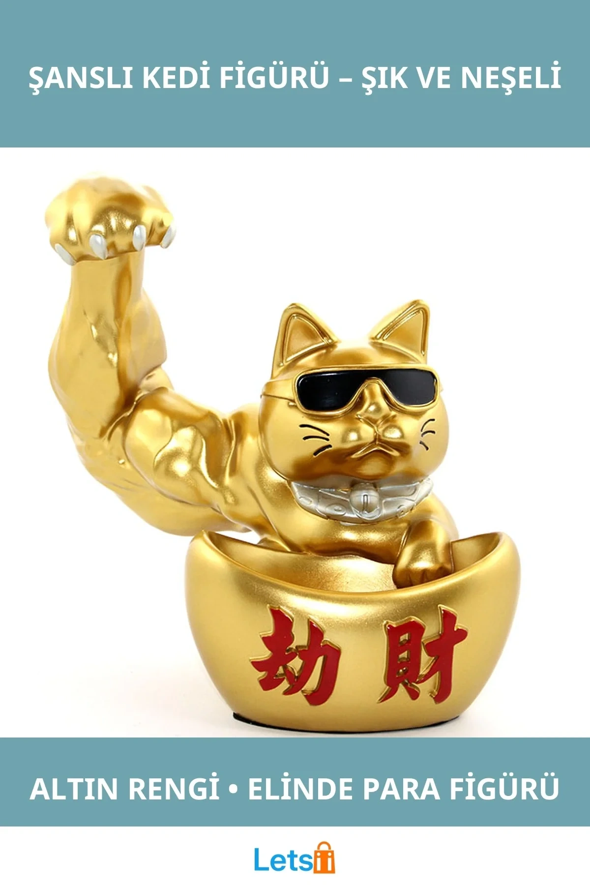Altın Renk Şanslı Kedi Figürü Eğlenceli Dekoratif Aksesuar