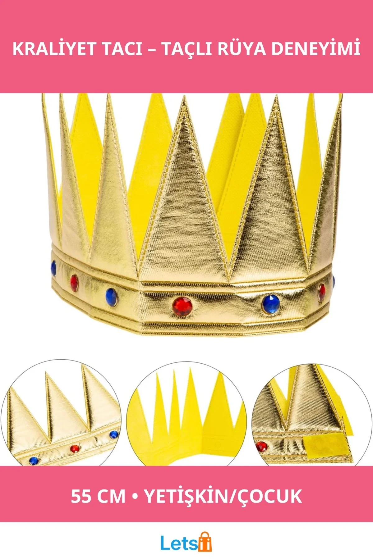 Altın Renk Yumuşak Eva Kral Kraliyet Tacı 55 cm Yetişkin ve Çocuk Uyumlu