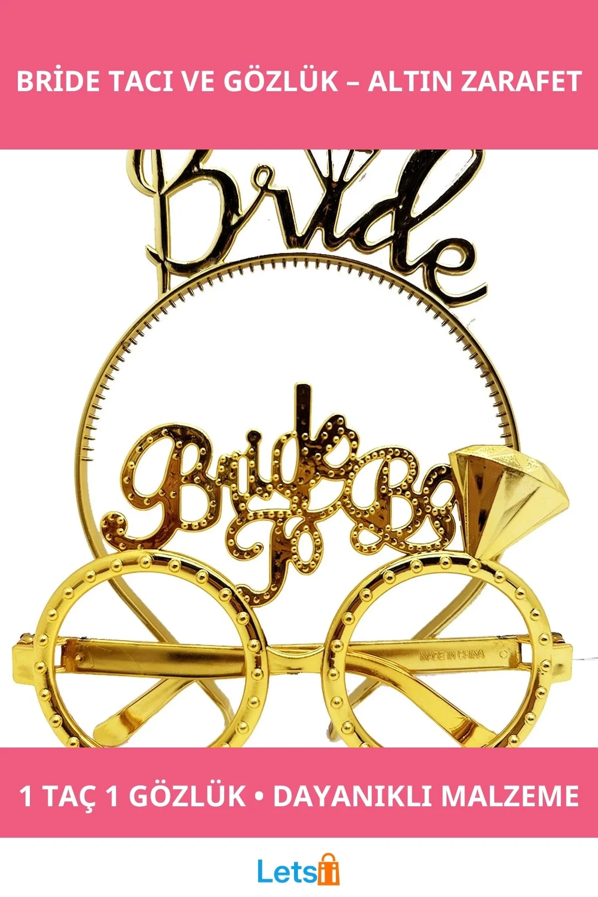 Altın Renkli Bride Yazılı Taç ve Bride To Be Yazılı Gözlük Seti