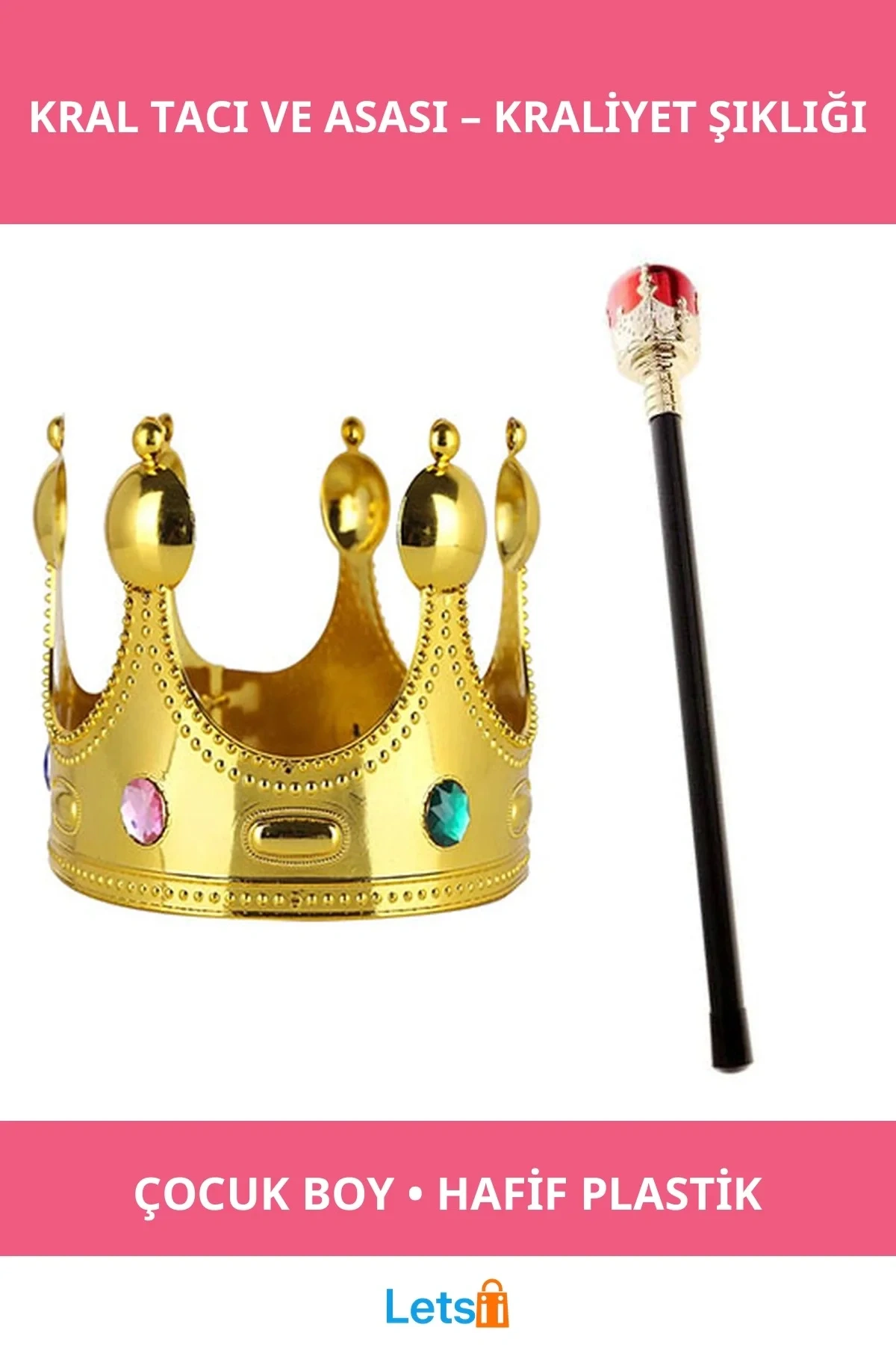 Altın Renkli Çocuk Kral Tacı ve Kırmızı Topuzlu Kral Asası