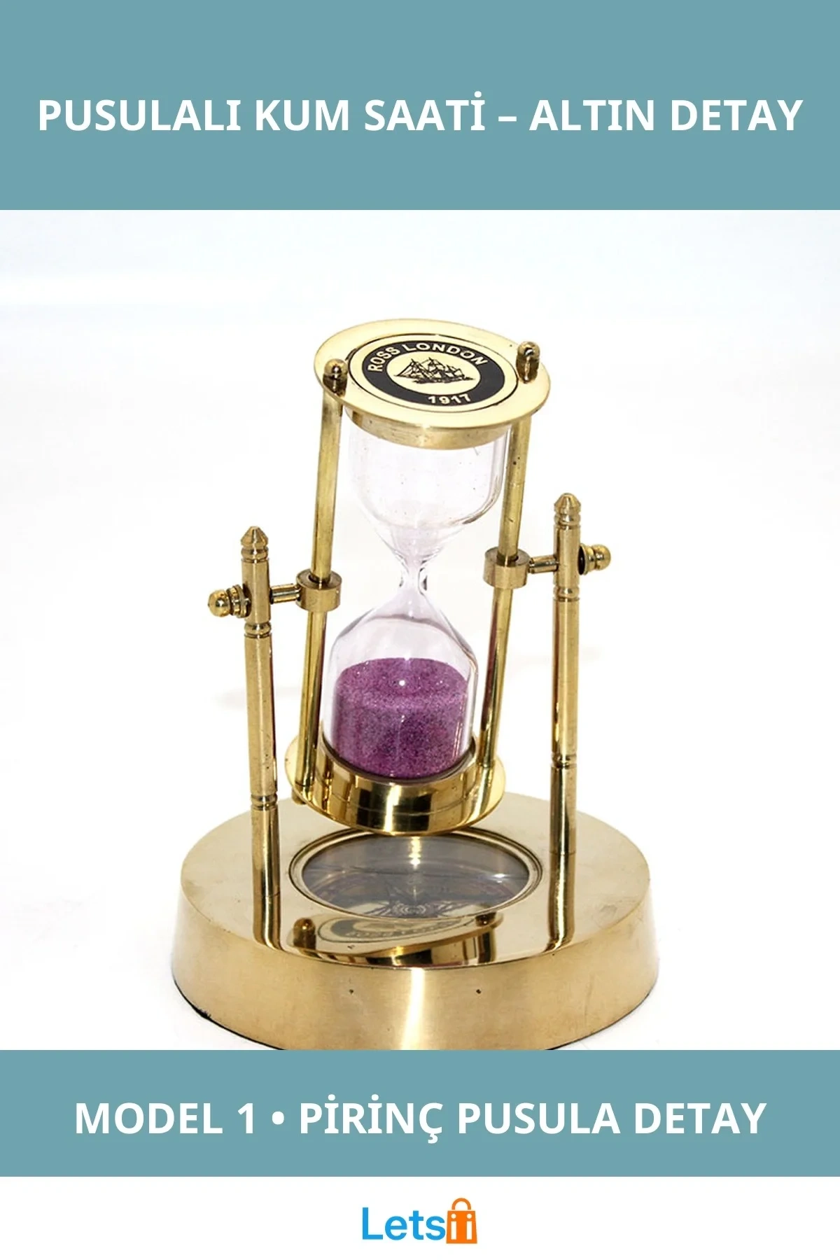 Altın Renkli Pirinç Pusulalı Kum Saati Dekoratif Aksesuar