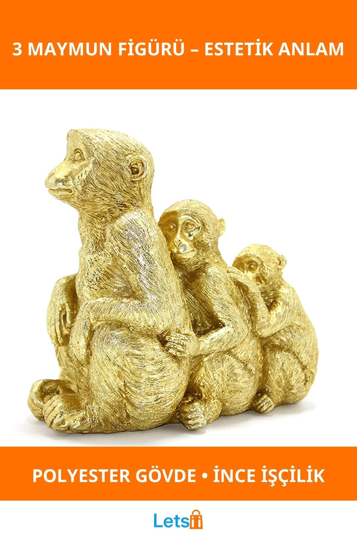 Altın Renkli Polyester 3 Maymun Figürü Dekorasyon